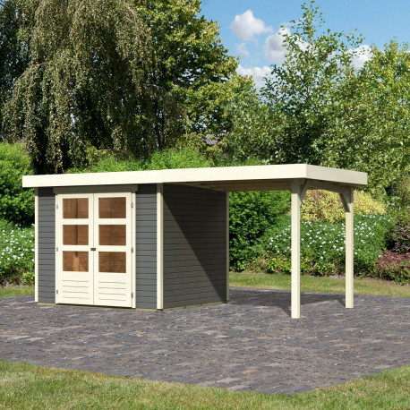 Casetta da giardino in legno massello Askola 3 grigio terra, 5,25 m² con tettoia laterale da 240 cm – Karibu