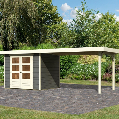 Casetta da giardino in legno massello Askola 3 grigio terra, 5,25 m² con tettoia laterale da 280 cm – Karibu